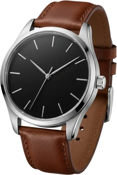 Black wristwatch with a brown leather strap